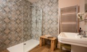 Birks Stable Cottage - en-suite shower room with walk-in shower, basin and WC