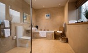 The Stables, Saltcoats Steading - bedroom two en-suite with bath and walk in shower