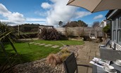 Number Nine, Lanchester -  the large garden terrace, pergola area and cute Egg chair in the garden