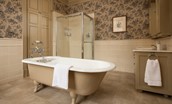 Fairnilee House - Inchcape - en suite bathroom with roll-top bath and walk-in shower