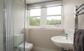 Coldwells Farmhouse - the shower room with walk-in shower, WC and basin
