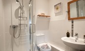 Moo House - en-suite with corner shower, basin and WC