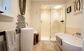 The Old School - bathroom with bath, separate walk-in shower with rainforest head, basin and WC