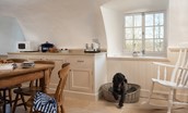 The Tower, Keith Marischal - vaulted kitchen with all of the essentials, and a cosy spot for any furry friends